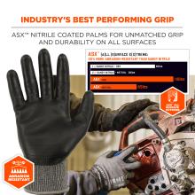 IndustryÕs best performing grip;  ASX nitrile coated palms for unmatched grip and durability on all surfaces. Abrasion resistant. Graph shows ASX outperforming other leading dips on the market.