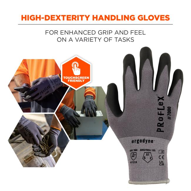 High-dexterity handling gloves: for enhanced grip and feel on a variety of tasks. Touchscreen friendly.