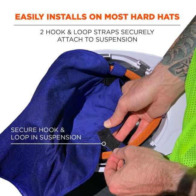 Easily installs on most hard hats. 2 hook and loop straps securely attach to suspension. Secure hook and loop in suspension.