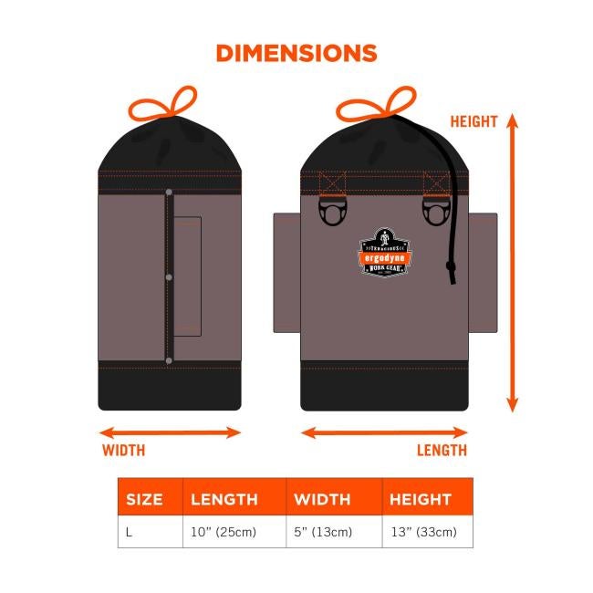 Dimensions. Size L, Length 10” (25cm), Width 5” (13cm) and height 13” (33cm) 