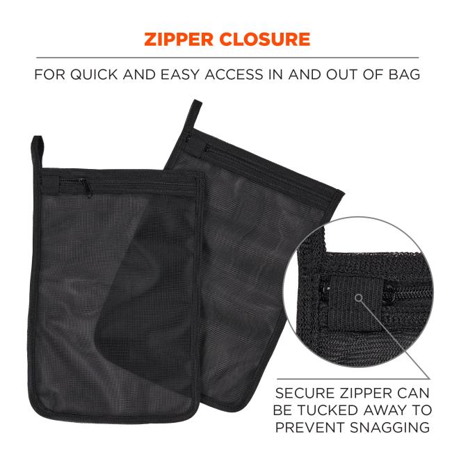 Zipper closure: for quick and easy access in and out of bag. Secure zipper can be tucked away to prevent snagging.
