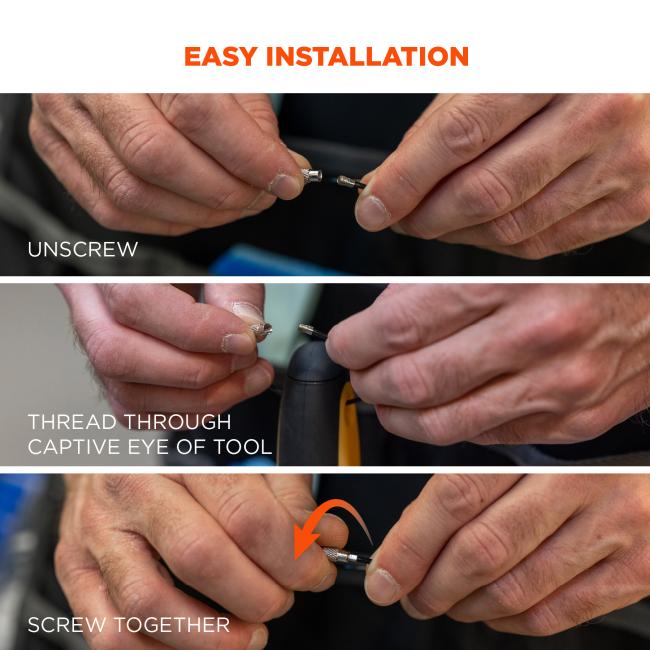 Easy installation: unscrew, thread through captive eye of tool, then screw together.