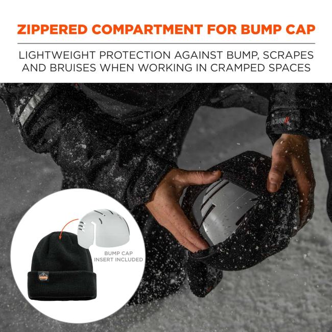 Zippered compartment for bump cap: lightweight protection against bump, scrapes and bruises when working in cramped spaces. Small image shows bump cap with arrow pointing to hat and says Òbump cap insert includedÓ