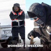 Workday 2 weekend: Airport worker on the left, man ice fishing on the right.