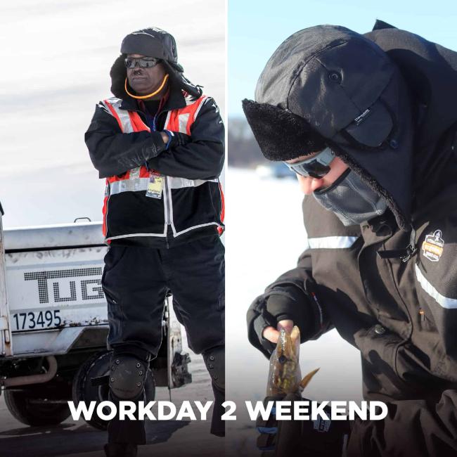 Workday 2 weekend: Airport worker on the left, man ice fishing on the right.