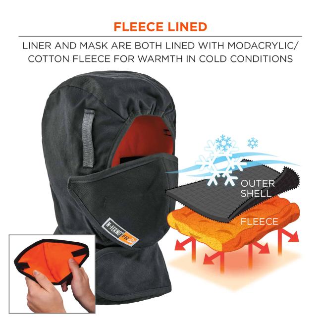 Fleece lined: lined with modacrylic/cotton fleece for warmth in cold conditions.