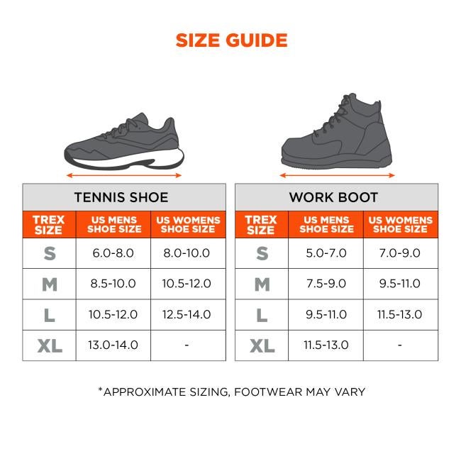 Tennis Shoe Size Guide:  Small (S): US Men's Shoe Size 6.0-8.0, US Women's Shoe Size 8.0-10.0. Medium (M): US Men's Shoe Size 8.5-10.0, US Women's Shoe Size 10.5-12.0. Large (L): US Men's Shoe Size 10.5-12.0, US Women's Shoe Size 12.5-14.0. Extra Large (XL): US Men's Shoe Size 13.0-14.0, US Women's Shoe Size not available. Work Boot Size Guide:  Small (S): US Men's Shoe Size 5.0-7.0, US Women's Shoe Size 7.0-9.0. Medium (M): US Men's Shoe Size 7.5-9.0, US Women's Shoe Size 9.5-11.0. Large (L): US Men's Shoe