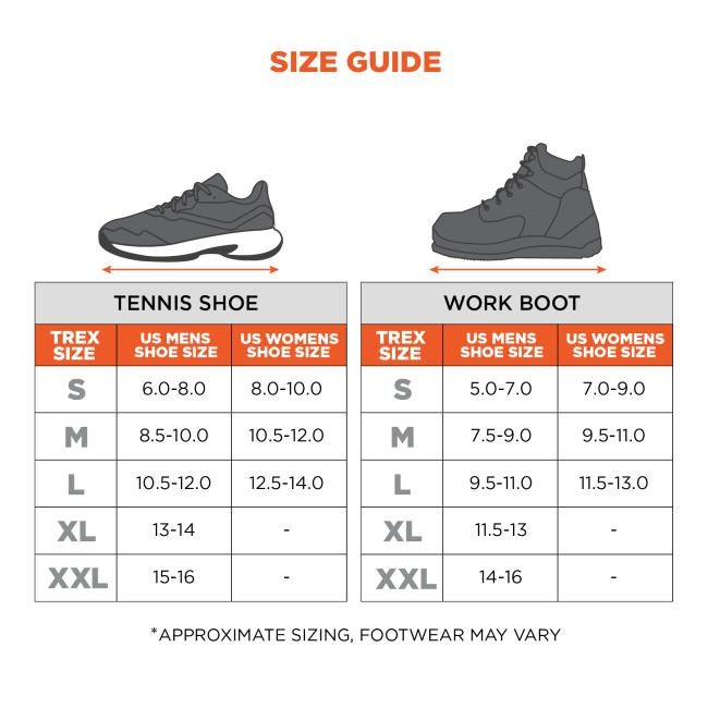 Size guide: Tennis Shoe: Small (S): US Men's Shoe Size 6.0-8.0, US Women's Shoe Size 8.0-10.0. Medium (M): US Men's Shoe Size 8.5-10.0, US Women's Shoe Size 10.5-12.0. Large (L): US Men's Shoe Size 10.5-12.0, US Women's Shoe Size 12.5-14.0. Extra Large (XL): US Men's Shoe Size 13-14. 2X Large (XXL): US Men's Shoe Size 15-16. Work Boot: Small (S): US Men's Shoe Size 5.0-7.0, US Women's Shoe Size 7.0-9.0. Medium (M): US Men's Shoe Size 7.5-9.0, US Women's Shoe Size 9.5-11.0. Large (L): US Men's Shoe Size 9.5-
