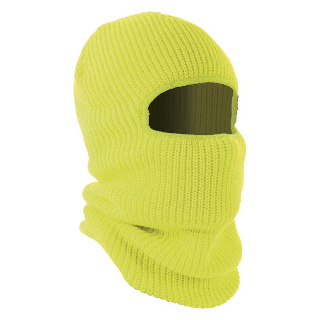 Empty 3-quarter view of lime rib knit balaclava
