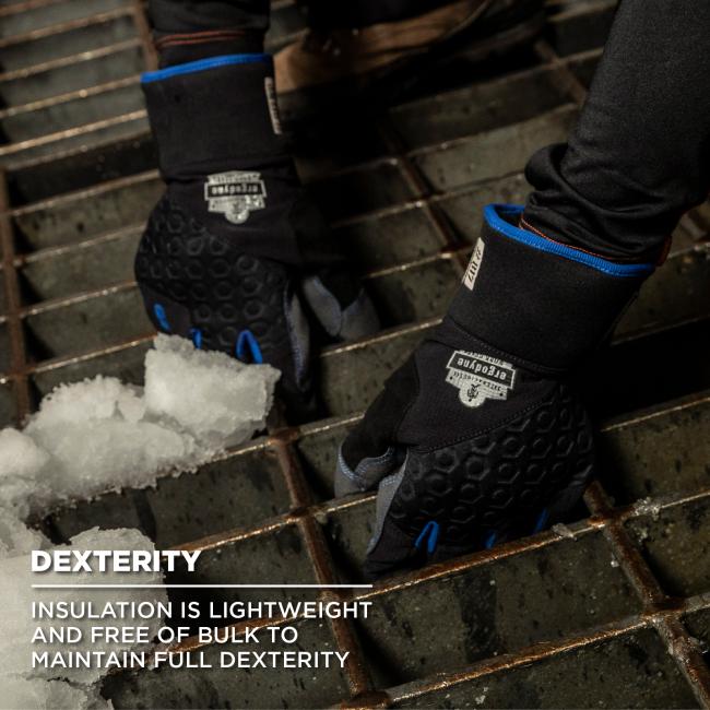 Dexterity: Insulation is lightweight and free of bulk to maintain full dexterity. Image shows person lifting up metal grate while wearing gloves.