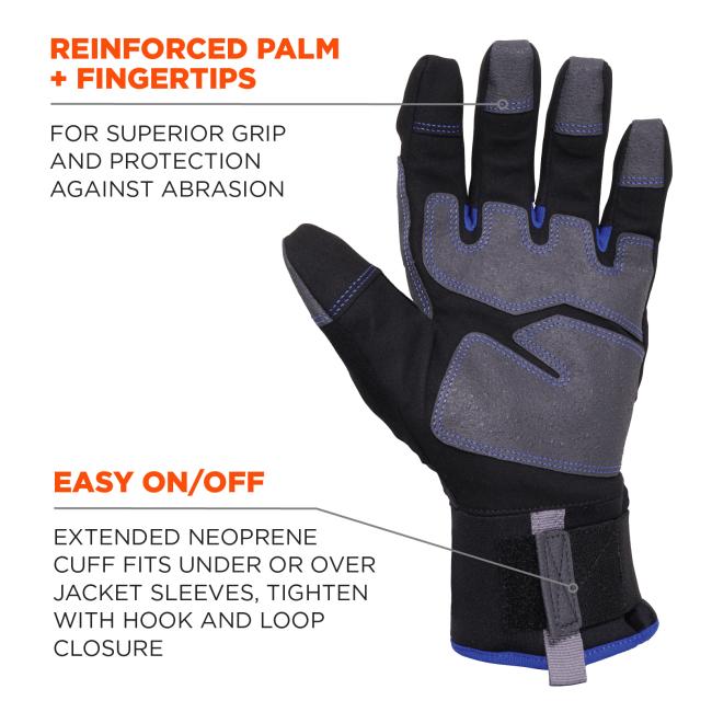 Reinforced palm + fingertips: For superior grip and protection against abrasion. Easy on/off: Extended neoprene cuff fits under or over jacket sleeves, tighten with hook and loop closure