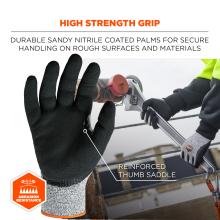 High strength grip: durable sandy nitrile coated palms for secure handling on rough surfaces or materials. Reinforced thumb saddle. Abrasion resistance.