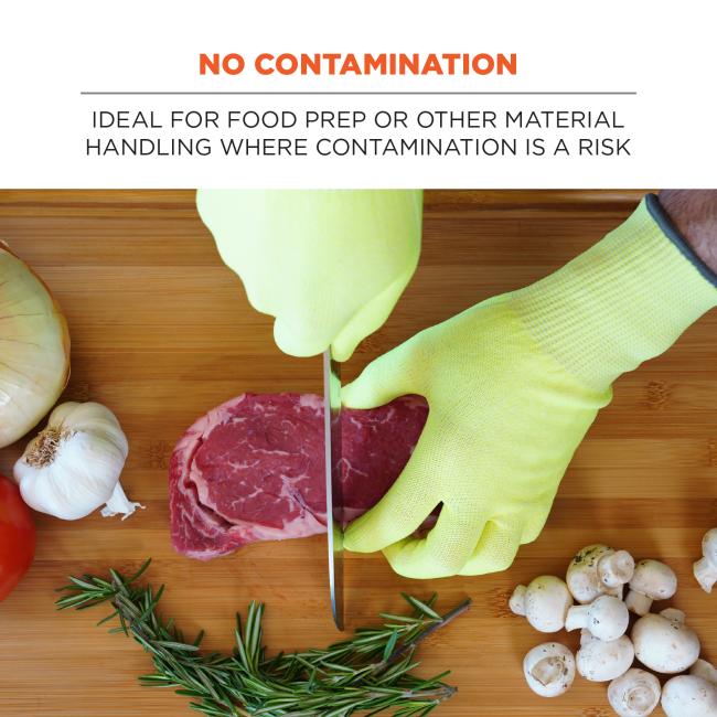 No contamination: Ideal for food prep or other material handling where contamination is a risk. Image shows person wearing gloves and preparing food.