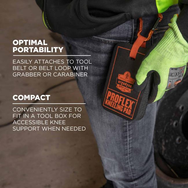 Optimal portability: easy attaches to tool belt or belt loop with grabber or carabiner. Compact: conveniently sized to fit in a tool box for accessible knee support when needed. 
