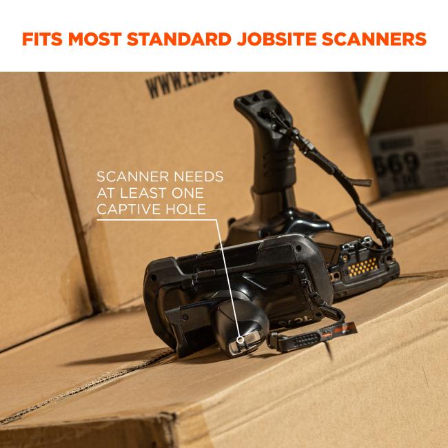 Fits most standard jobsite scanners. Image shows scanner sitting on box and text points to scanner and says Òscanner needs at least one captive holeÓ