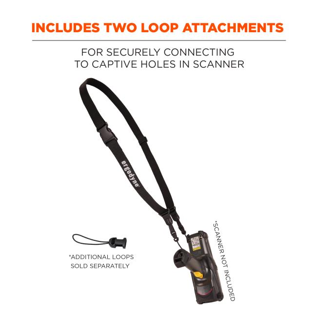 Includes two loop attachments: for securely connecting to captive holes in scanner. Image shows scanner attached to lanyard and text says Ò*scanner not includedÓ and Ò*additional loops sold separatelyÓ