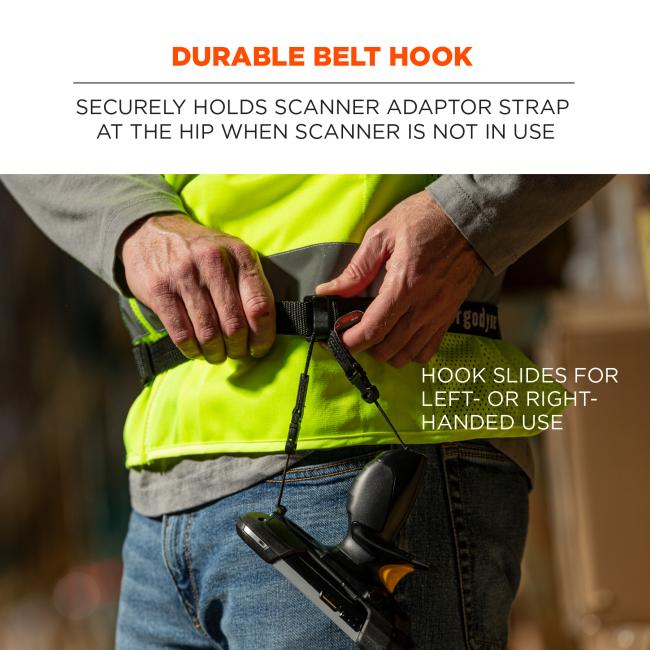 Durable belt hook: securely holds scanner adaptor strap at the hip when scanner is not in use. Image shows worker wearing belt with scanner and text says Òhook slides for left- or right-handed useÓ