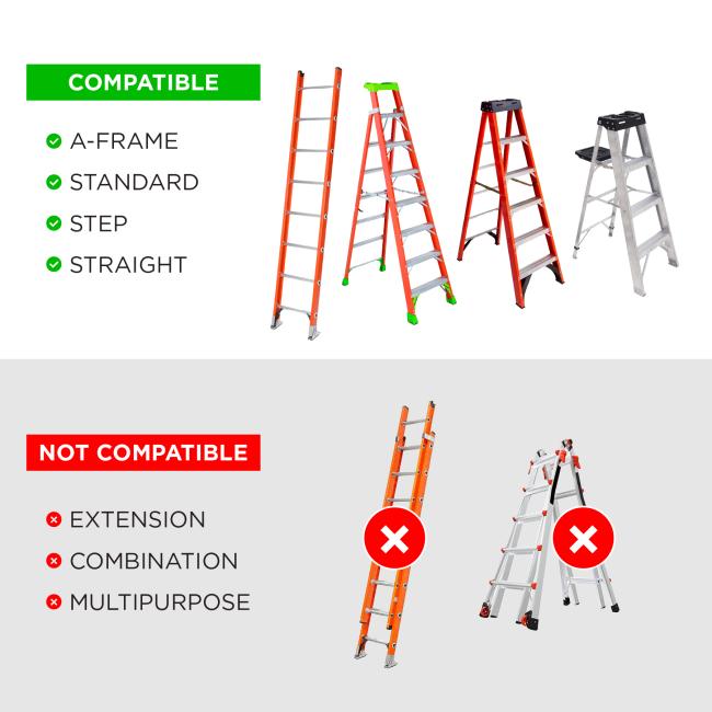 Compatible with a-frame, standard, step and straight ladders. Not compatible with extension, combination or multipurpose ladders.