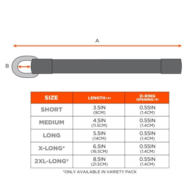 Size chart: Short: Length 3.5IN (9CM) D-Ring Opening 0.55IN (1.4CM). Medium: Length 4.5IN (11.5CM) D-Ring Opening 0.55IN (1.4CM). Long: Length 5.5IN (14CM) D-Ring Opening 0.55IN (1.4CM). X-Long*: Length 6.5IN (16.5CM) D-Ring Opening 0.55IN (1.4CM). 2XL-Long*: Length 8.5IN (21.5CM) D-Ring Opening 0.55IN (1.4CM). XL and 2XL only available in variety pack