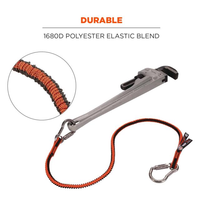 Durable: 1680D polyester elastic blend. Image shows lanyard attached to tool, with detail of tool lanyard material. 