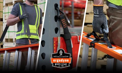 Triple product view of a worker using a ladder carrying strap, ladder carrying handle and a warehouse racking beam support