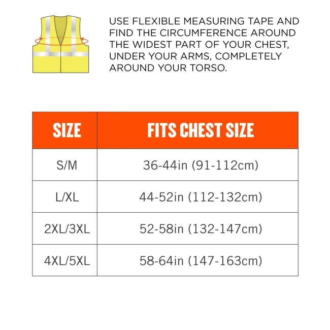 Size S/M fits chest size: 36-55in (91-112cm). Size L/XL fits chest size: 44-52in (112-132cm). Size 2XL/3XL fist chest size: 52-58in (132-147cm). Size 4XL/5XL fits chest size: 58-64in (147-163cm).