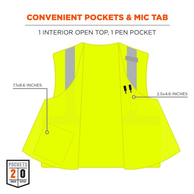 Convenient pockets & mic tab: 1 interior open top., 1 pen pocket. Arrows pointing to inside pocket say Ò7.1x8.6 inchesÓ and arrow pointing to pen pocket says Ò2.5x4.6 inchesÓ. Icon on bottom left says POCKETS: 2 INNER, 0 OUTER.