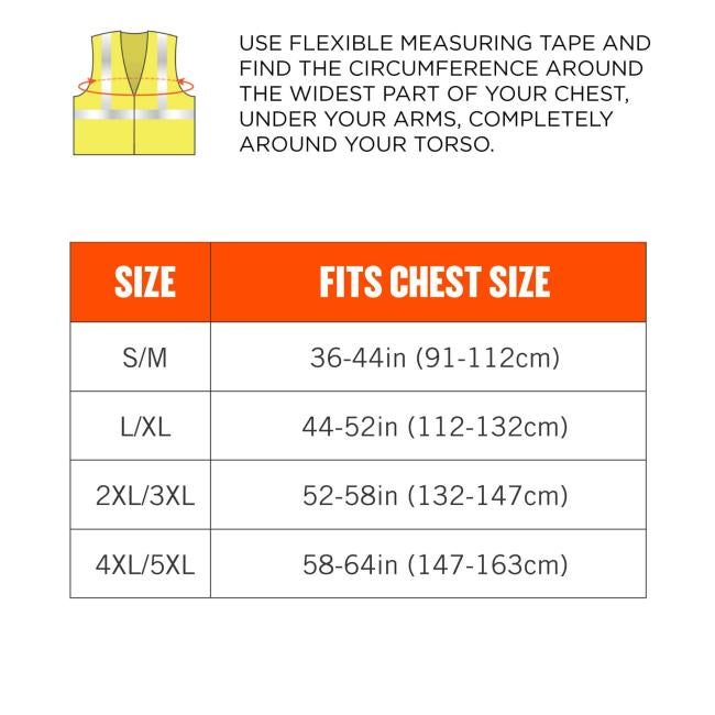 Size chart. Use flexible measuring tape and find the circumference around the widest part of your chest, under your arms, completely around your torso. Size S/M fits chest size: 36-44in (91-112cm). Size L/XL fits chest size: 44-52in (112-132cm). Size 2XL/3XL fits chest size: 52-58in (132-147cm). Size 4XL/5XL fits chest size: 58-64in (147-163cm).