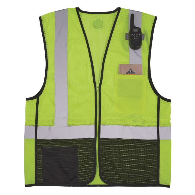 Front view of lime 8210zbk mesh hi vis safety vest with equipment
