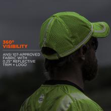 360 degree visibility: ANSI 107-approved fabric with 0.25Ó reflective trim + logo. Image is person wearing a hat .