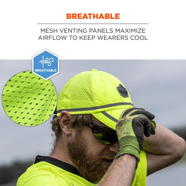 Breathable: mesh venting panels maximize airflow to keep wearers cool. Icon says ÒbreathableÓ and shows detail of fabric. Image is person putting on hat .