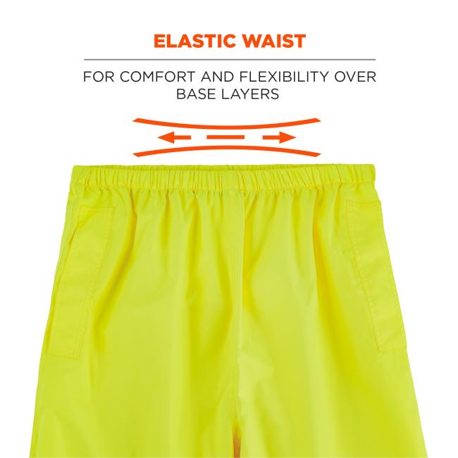 Elastic waist: for comfort and flexibility over base layers. Arrows show flexibility. 