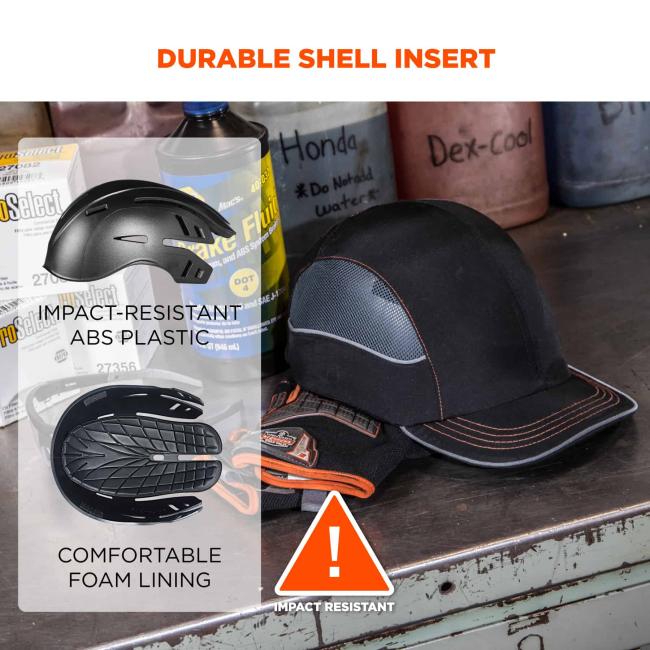 Durable shell insert. On the left, top image of bump cap says Òimpact-resistant ABS plasticÓ and bottom image of inside of bump cap says comfortable foam liningÓ. Icon at bottom says Ò! Impact resistantÓ