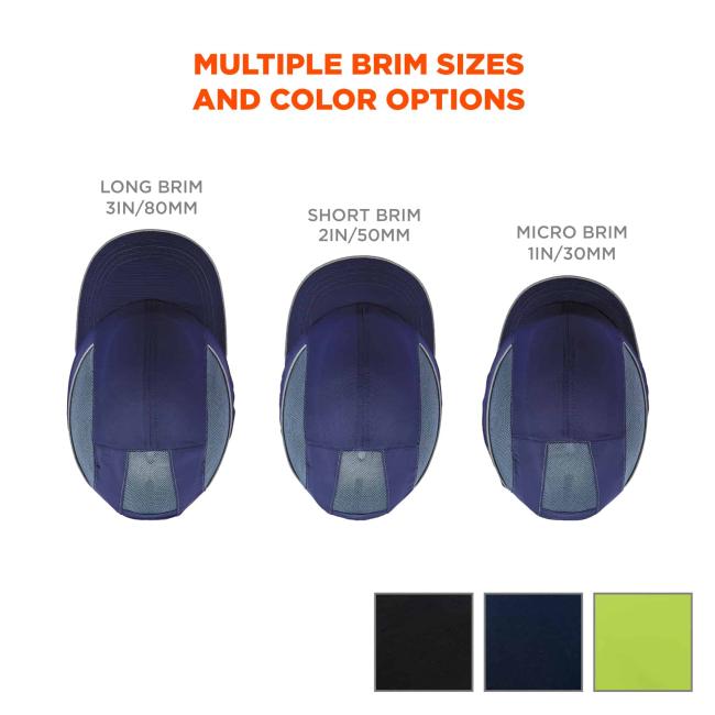 Multiple brim sizes and color options. Left image says LONG BRIM 3IN/80MM. Middle image says SHORT BRIM 2IN/50MM. Right image says MICRO BRIM 1IN/30MM. Swatches on bottom for black, navy and lime color options.