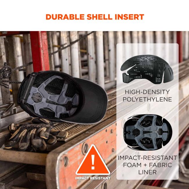 Durable shell insert. Graphics on right say Òhigh-density polyethyleneÓ and Òimpact-resistant foam + fabric linerÓ. Icon says Òimpact resistantÓ