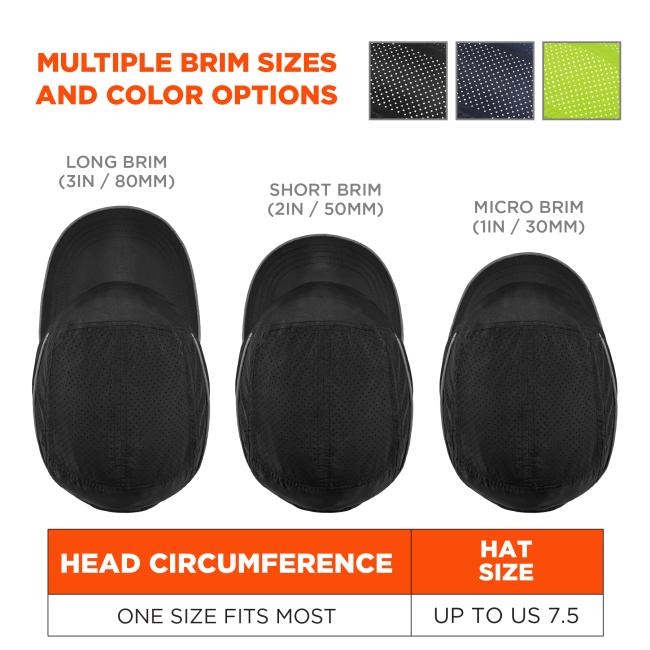 Multiple brim sizes and color options. Hat on left says Òlong brim, 3in/80mm)Ó and hat on right says Òshort brim, 2in/50mmÓ. Size chart on bottom says Òhat size: up to 7.5. Available in black, navy, lime.