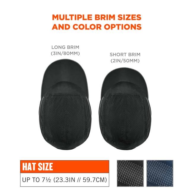 Multiple brim sizes and color options. Hat on left says Òlong brim, 3in/80mm)Ó and hat on right says Òshort brim, 2in/50mmÓ. Size chart on bottom says Òhat size: up to 7/1 (23.3in // 59.7cm). Swatches on bottom right for black, navy.