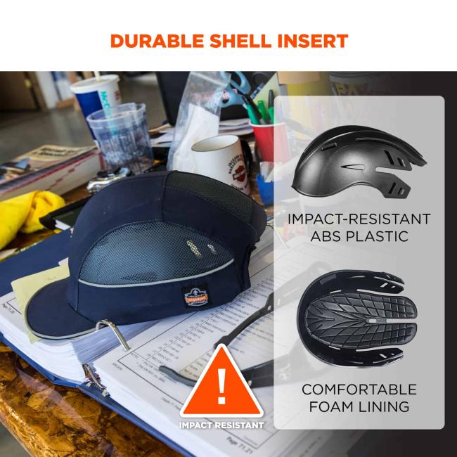 Durable shel insert. Graphics on right say Òimpact-resistant ABS plasticÓ and Òcomfortable foam liningÓ. Icon on bottom says Òimpact resistantÓ