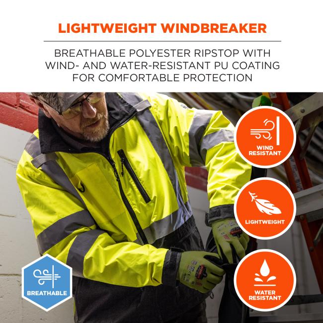 Lightweight windbreaker: breathable polyester ripstop with wind- and water-resistant PU coating for comfortable protection. Breathable, wind resistant, lightweight, and water resistant.