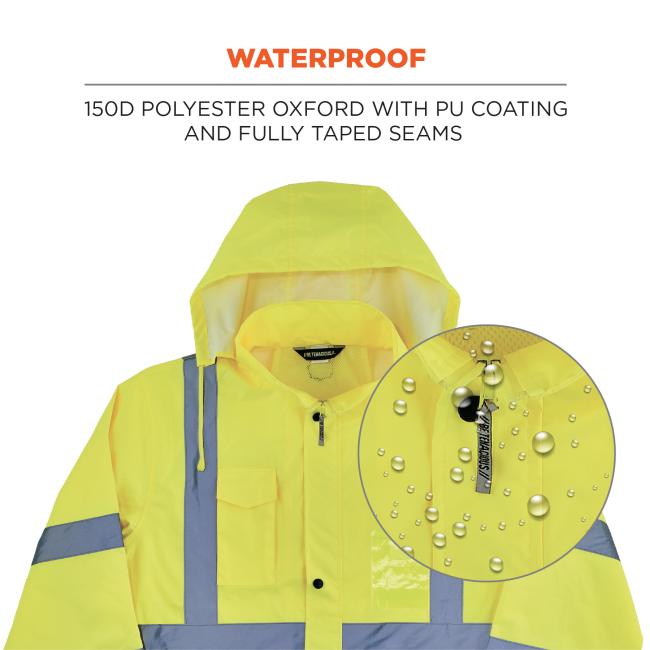 Waterproof: 150D polyester Oxford with PU coating and fully taped seams. Image shows detail of waterproof material. 