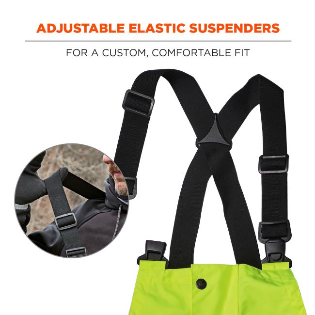 Adjustable elastic suspenders: for a custom, comfortable fit. Image shows detail of suspenders.