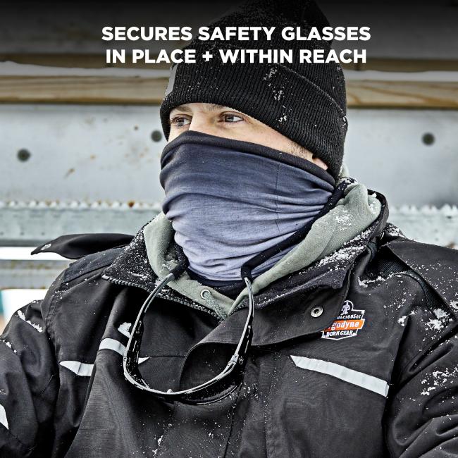 Secures safety glasses in place and within reach