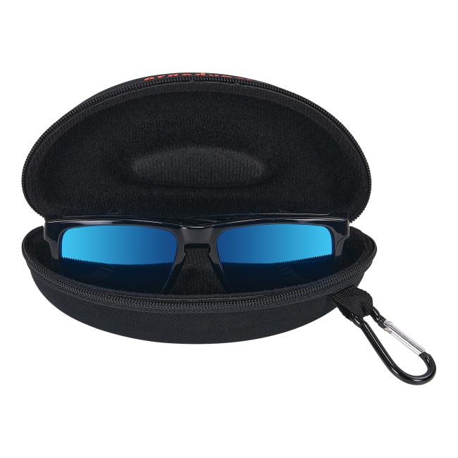 Safety glasses hard case holding blue mirror color safety glasses