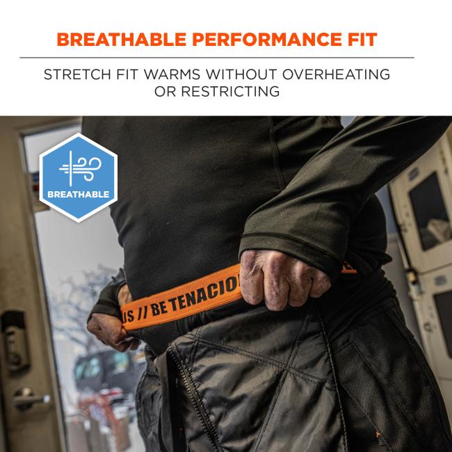 Breathable performance knit: stretch fit, warms without overheating or restricting. Breathable. Image shows person pulling on fabric.