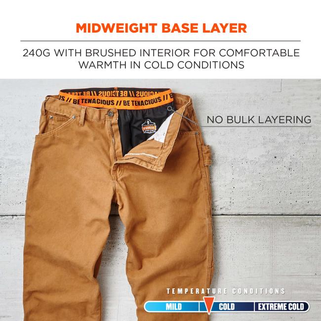 Midnight base layer: 240g wish brushed interior for comfortable warmth in cold conditions. No bulk layering. Temperature conditions: between mild and cold.