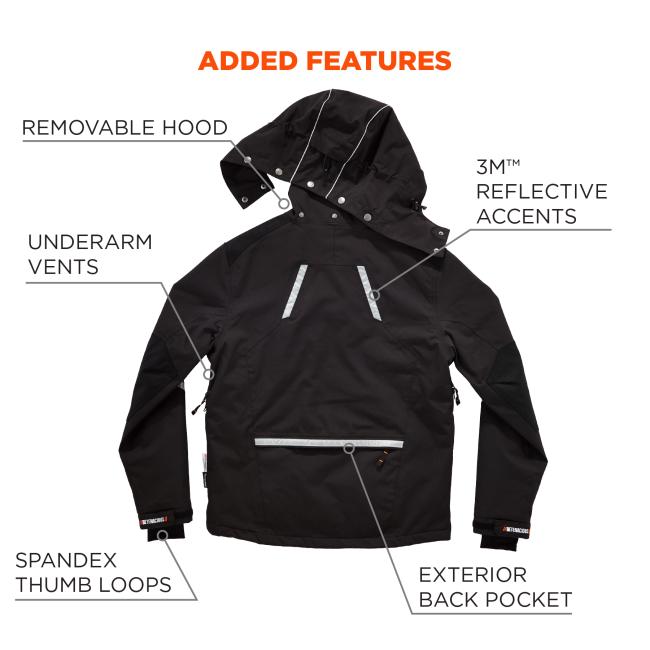 Added features. Removable hood, 3m reflective accents, underarm vents, spandex thumb loops, exterior back pocket