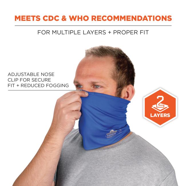 Meets CDC & WHO recommendations: for multiple layers + proper fit. Arrow points to nose and says Òadjustable nose clip for secure fit + reduced foggingÓ. Icon says Ò2 layersÓ.