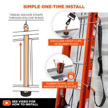 Simple one-time install. Thread anchor straps through hollow rungs. Shoulder strap clips to rubber plugs, and rubber plugs lock anchor strap in place. See video for how to install.