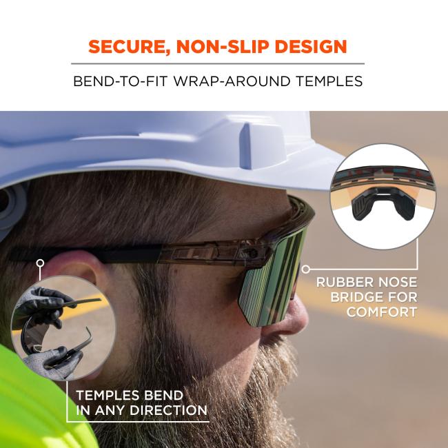 Secure non-slip design, bend to fit wrap around temples. Rubber nose bridge for comfort. Temples bend in any direction.