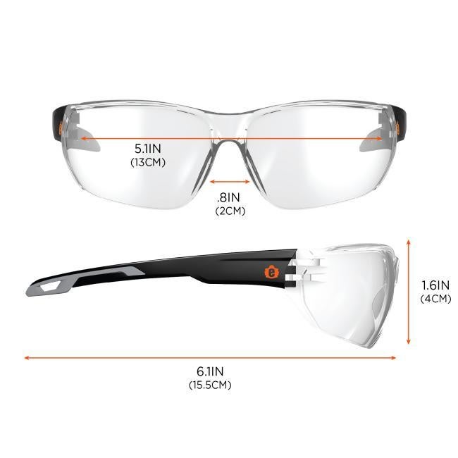 Lens width: 5.1 inches (13cm). Lens height: 1.6 inches (4cm). Nose width: 0.8 inch (2cm). Temple length: 6.1 inches (15.5cm)